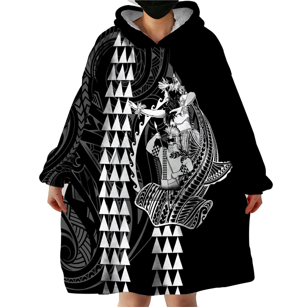 Polynesian Wearable Blanket Hoodie Hawaiian Warrior and Aloha Girl With Hammerhead Shark Tattoos White LT6 - Wonder Print Shop