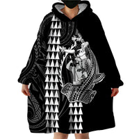 Polynesian Wearable Blanket Hoodie Hawaiian Warrior and Aloha Girl With Hammerhead Shark Tattoos White LT6 - Wonder Print Shop