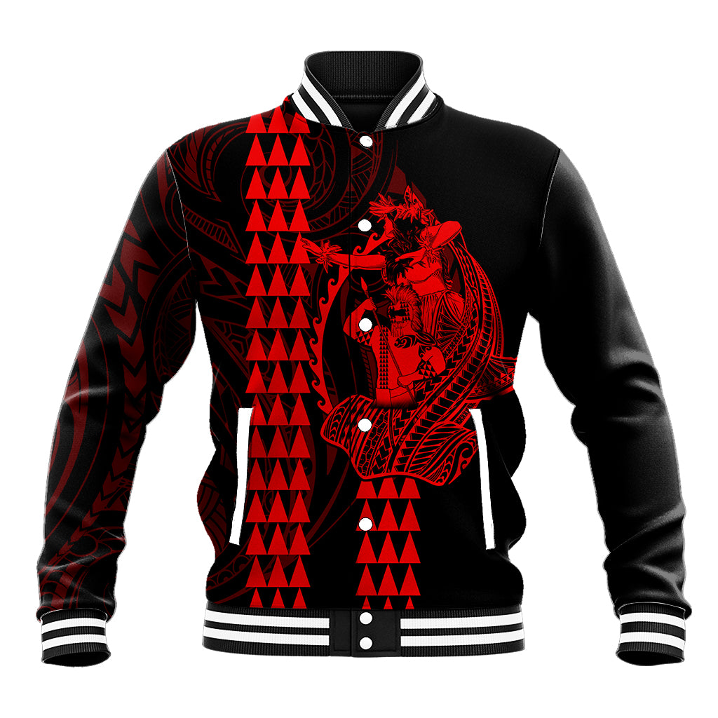 Polynesian Baseball Jacket Hawaiian Warrior and Aloha Girl With Hammerhead Shark Tattoos Red LT6 - Wonder Print Shop