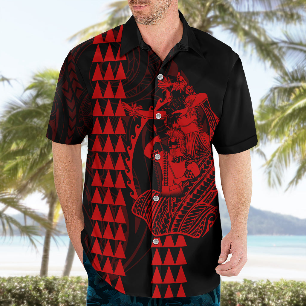 Polynesian Hawaiian Shirt Hawaiian Warrior and Aloha Girl With Hammerhead Shark Tattoos Red LT6 - Wonder Print Shop