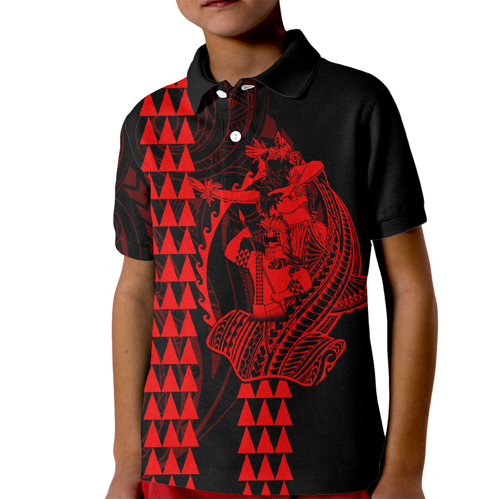 Polynesian Kid Polo Shirt Hawaiian Warrior and Aloha Girl With Hammerhead Shark Tattoos Red LT6 - Wonder Print Shop