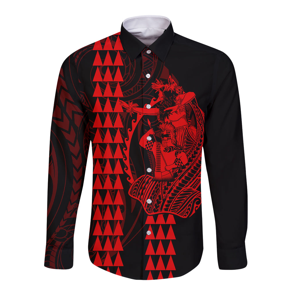 Polynesian Long Sleeve Button Shirt Hawaiian Warrior and Aloha Girl With Hammerhead Shark Tattoos Red LT6 - Wonder Print Shop