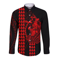 Polynesian Long Sleeve Button Shirt Hawaiian Warrior and Aloha Girl With Hammerhead Shark Tattoos Red LT6 - Wonder Print Shop