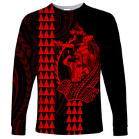 Polynesian Long Sleeve Shirt Hawaiian Warrior and Aloha Girl With Hammerhead Shark Tattoos Red LT6 - Wonder Print Shop