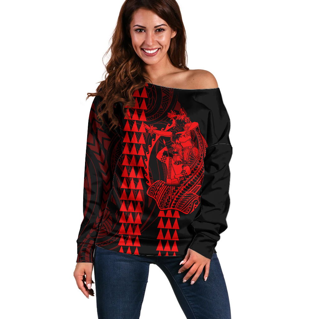 Polynesian Off Shoulder Sweater Hawaiian Warrior and Aloha Girl With Hammerhead Shark Tattoos Red LT6 - Wonder Print Shop