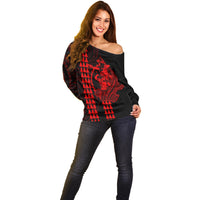 Polynesian Off Shoulder Sweater Hawaiian Warrior and Aloha Girl With Hammerhead Shark Tattoos Red LT6 - Wonder Print Shop