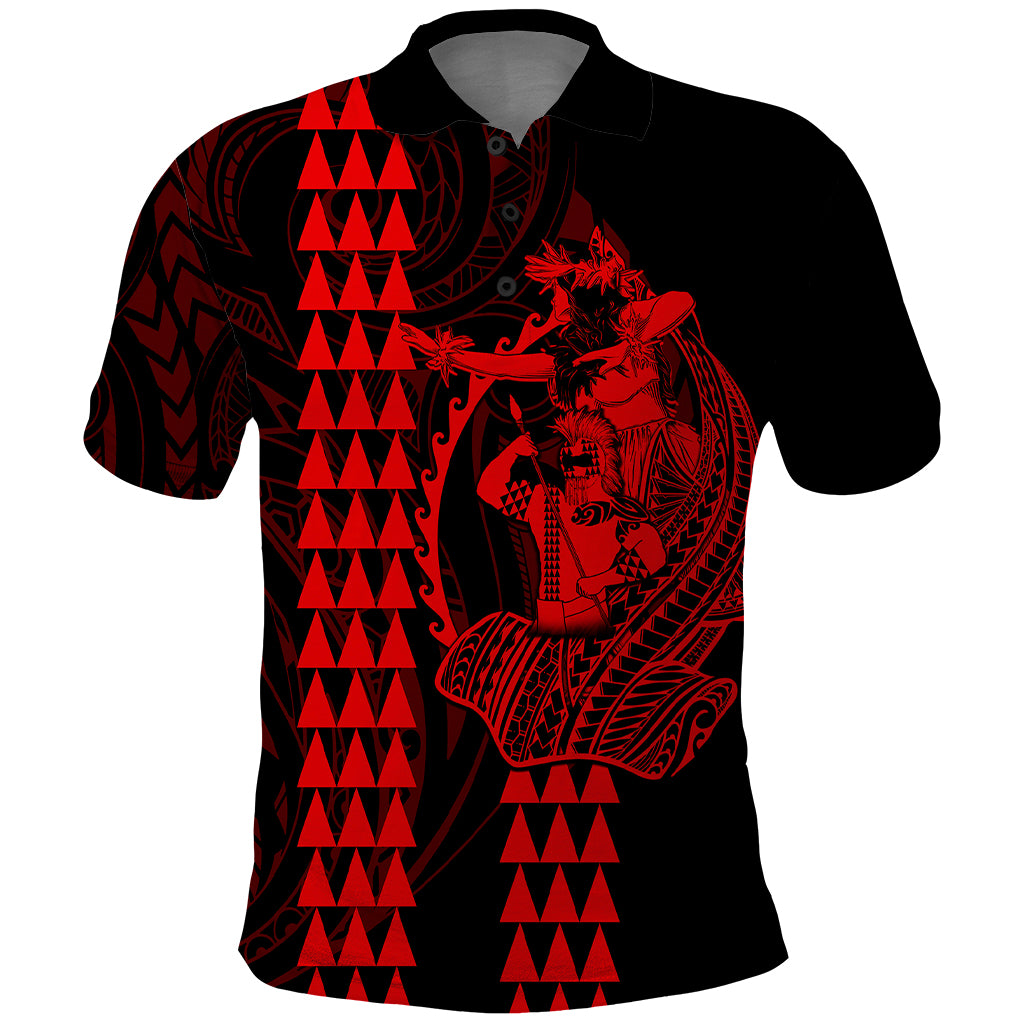 Polynesian Polo Shirt Hawaiian Warrior and Aloha Girl With Hammerhead Shark Tattoos Red LT6 - Wonder Print Shop