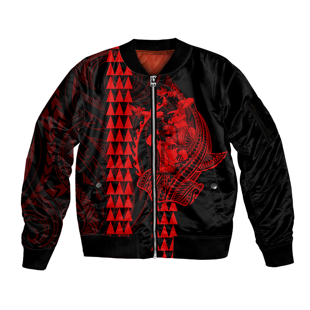 Polynesian Sleeve Zip Bomber Jacket Hawaiian Warrior and Aloha Girl With Hammerhead Shark Tattoos Red LT6 - Wonder Print Shop