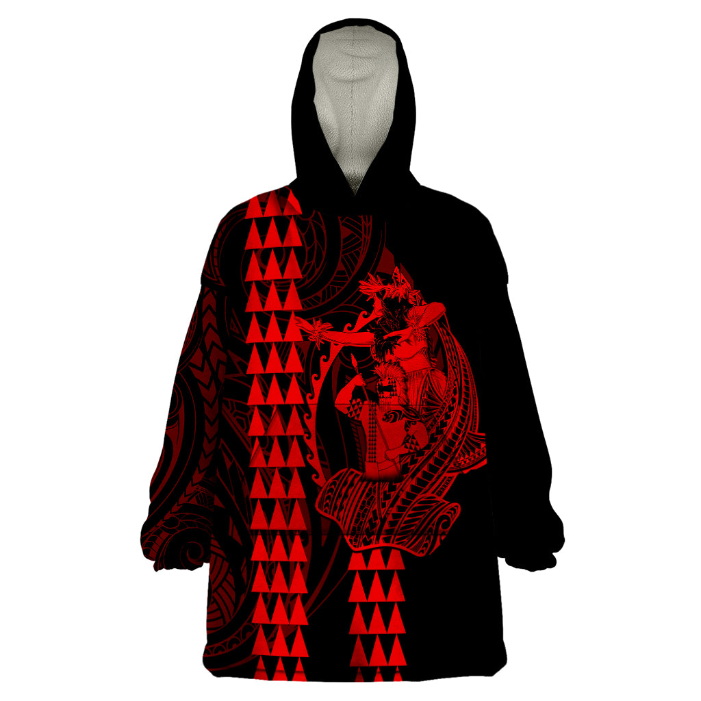 Polynesian Wearable Blanket Hoodie Hawaiian Warrior and Aloha Girl With Hammerhead Shark Tattoos Red LT6 - Wonder Print Shop