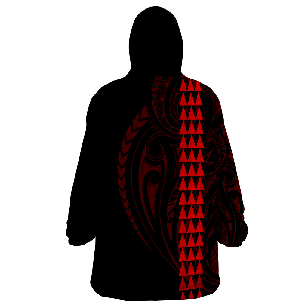 Polynesian Wearable Blanket Hoodie Hawaiian Warrior and Aloha Girl With Hammerhead Shark Tattoos Red LT6 - Wonder Print Shop