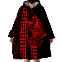 Polynesian Wearable Blanket Hoodie Hawaiian Warrior and Aloha Girl With Hammerhead Shark Tattoos Red LT6 - Wonder Print Shop