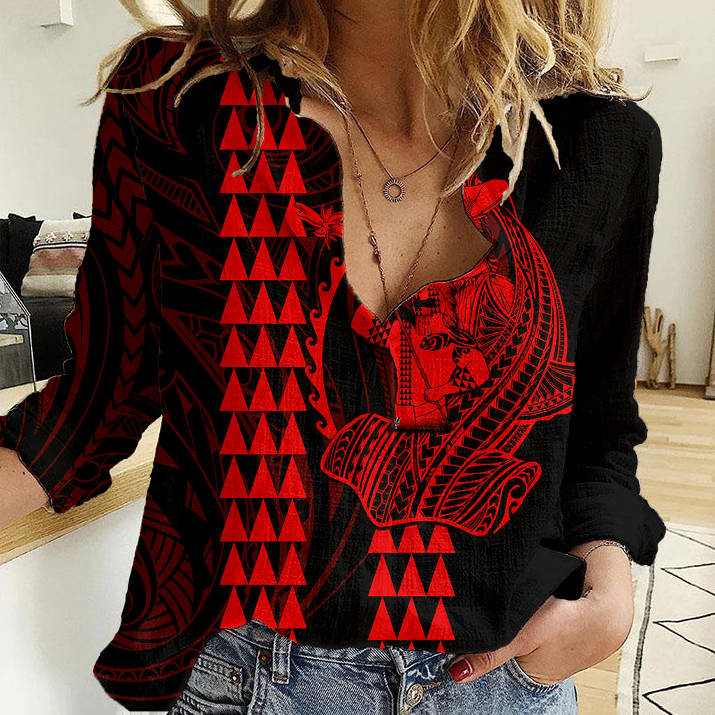 Polynesian Women Casual Shirt Hawaiian Warrior and Aloha Girl With Hammerhead Shark Tattoos Red LT6 - Wonder Print Shop