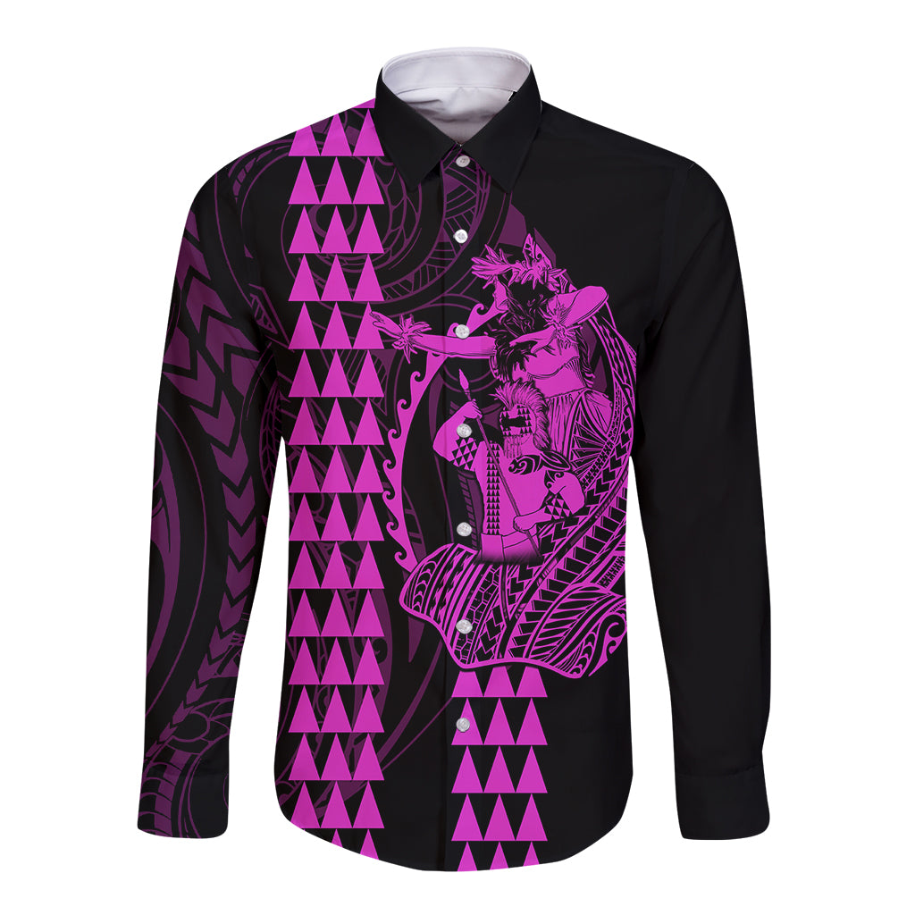 Polynesian Long Sleeve Button Shirt Hawaiian Warrior and Aloha Girl With Hammerhead Shark Tattoos Purple LT6 - Wonder Print Shop