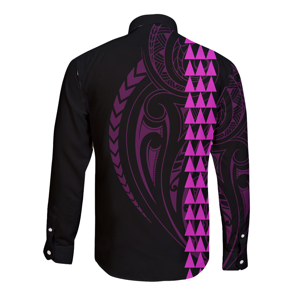 Polynesian Long Sleeve Button Shirt Hawaiian Warrior and Aloha Girl With Hammerhead Shark Tattoos Purple LT6 - Wonder Print Shop