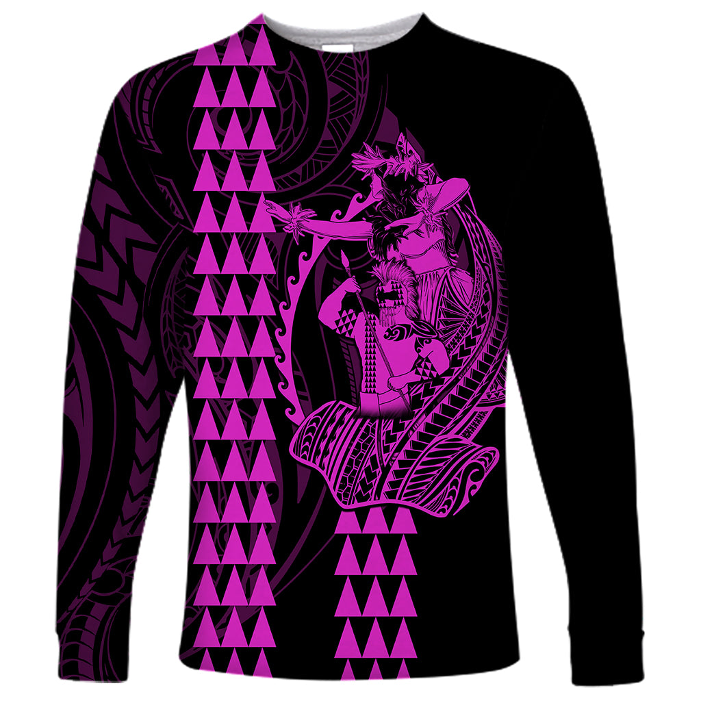 Polynesian Long Sleeve Shirt Hawaiian Warrior and Aloha Girl With Hammerhead Shark Tattoos Purple LT6 - Wonder Print Shop