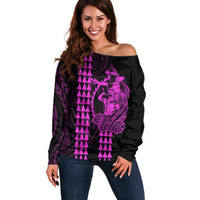 Polynesian Off Shoulder Sweater Hawaiian Warrior and Aloha Girl With Hammerhead Shark Tattoos Purple LT6 - Wonder Print Shop