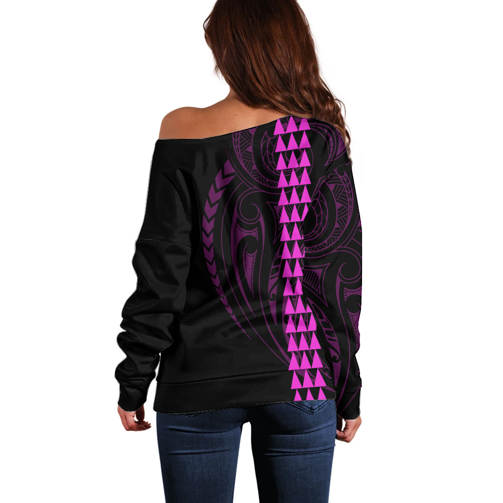 Polynesian Off Shoulder Sweater Hawaiian Warrior and Aloha Girl With Hammerhead Shark Tattoos Purple LT6 - Wonder Print Shop