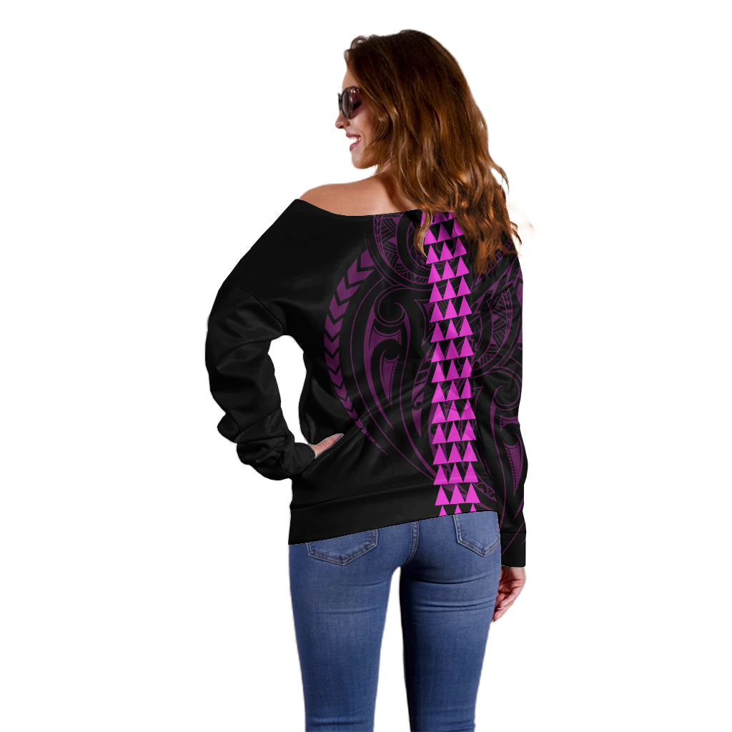 Polynesian Off Shoulder Sweater Hawaiian Warrior and Aloha Girl With Hammerhead Shark Tattoos Purple LT6 - Wonder Print Shop