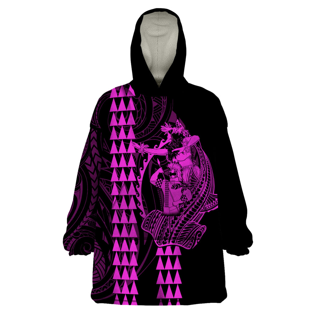 Polynesian Wearable Blanket Hoodie Hawaiian Warrior and Aloha Girl With Hammerhead Shark Tattoos Purple LT6 - Wonder Print Shop