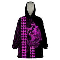 Polynesian Wearable Blanket Hoodie Hawaiian Warrior and Aloha Girl With Hammerhead Shark Tattoos Purple LT6 - Wonder Print Shop
