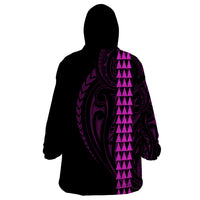 Polynesian Wearable Blanket Hoodie Hawaiian Warrior and Aloha Girl With Hammerhead Shark Tattoos Purple LT6 - Wonder Print Shop