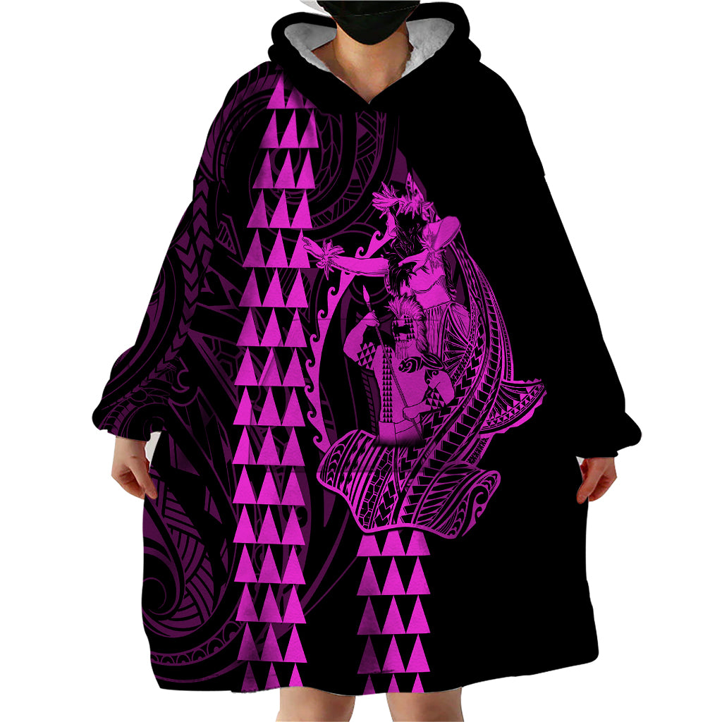 Polynesian Wearable Blanket Hoodie Hawaiian Warrior and Aloha Girl With Hammerhead Shark Tattoos Purple LT6 - Wonder Print Shop