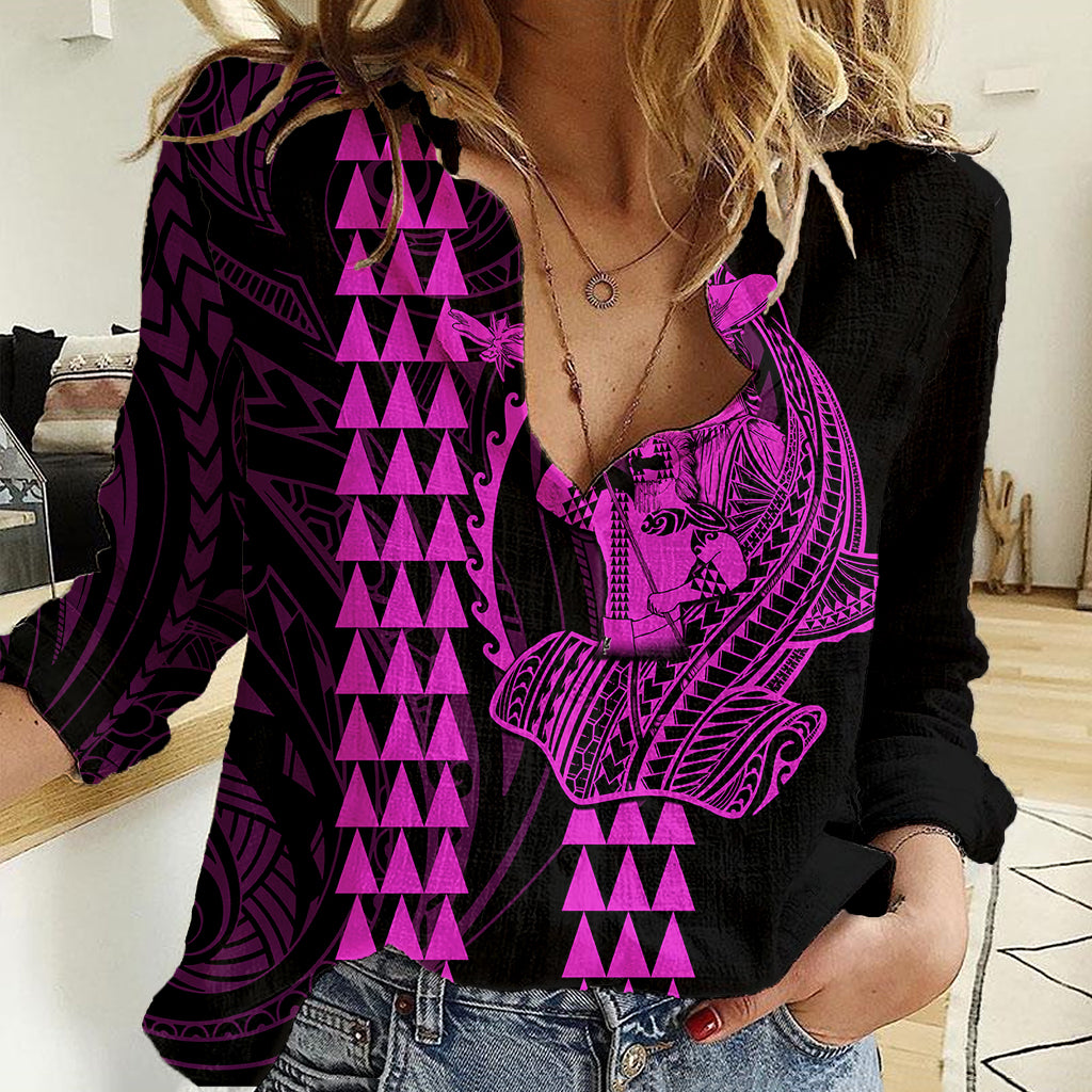 Polynesian Women Casual Shirt Hawaiian Warrior and Aloha Girl With Hammerhead Shark Tattoos Purple LT6 - Wonder Print Shop