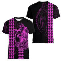 Polynesian Women V Neck T Shirt Hawaiian Warrior and Aloha Girl With Hammerhead Shark Tattoos Purple LT6 - Wonder Print Shop