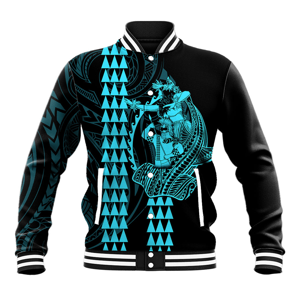 Polynesian Baseball Jacket Hawaiian Warrior and Aloha Girl With Hammerhead Shark Tattoos Light Blue LT6 - Wonder Print Shop