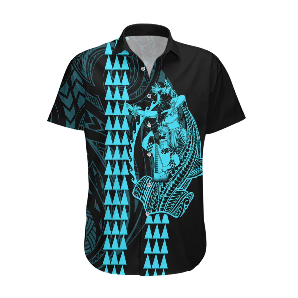 Polynesian Hawaiian Shirt Hawaiian Warrior and Aloha Girl With Hammerhead Shark Tattoos Light Blue LT6 - Wonder Print Shop