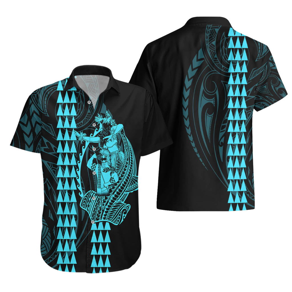 Polynesian Hawaiian Shirt Hawaiian Warrior and Aloha Girl With Hammerhead Shark Tattoos Light Blue LT6 - Wonder Print Shop