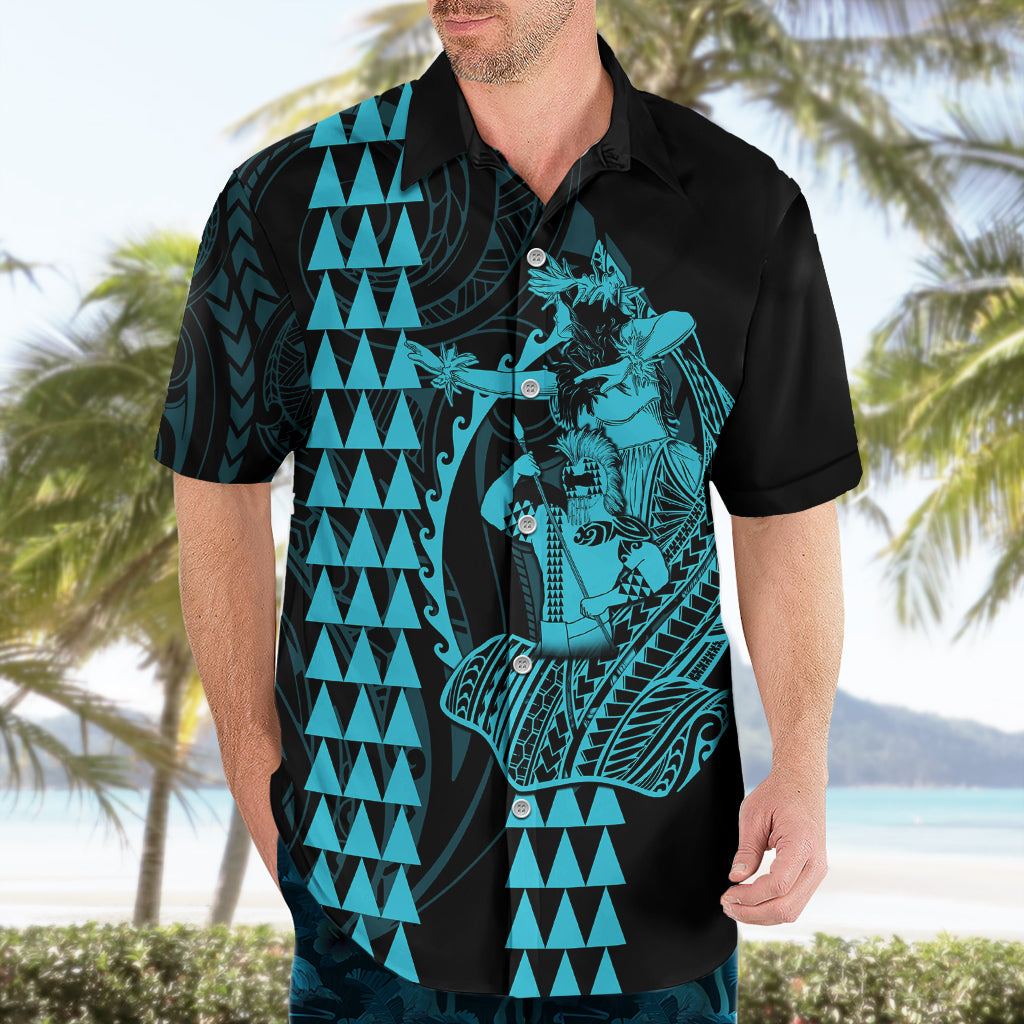 Polynesian Hawaiian Shirt Hawaiian Warrior and Aloha Girl With Hammerhead Shark Tattoos Light Blue LT6 - Wonder Print Shop
