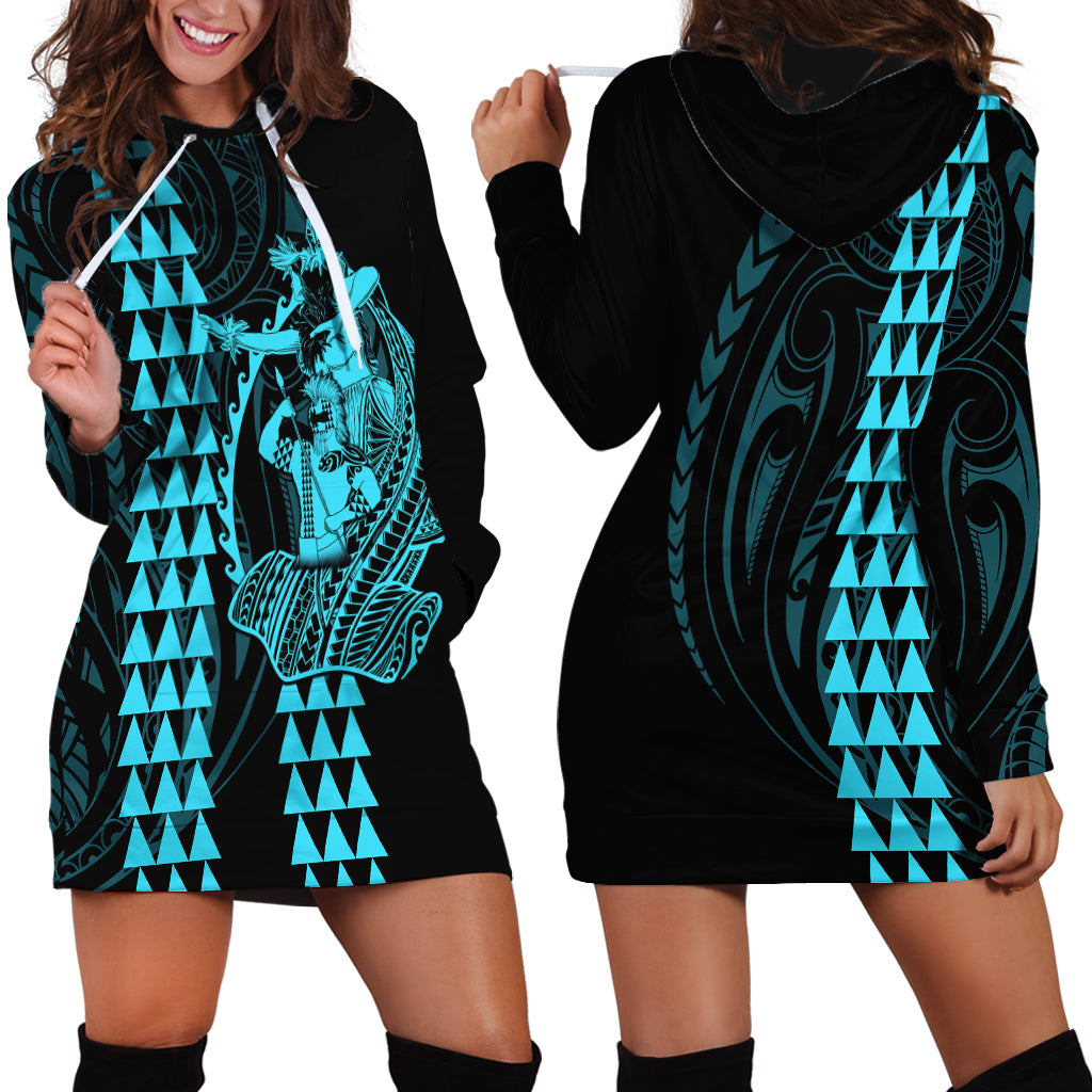 Polynesian Hoodie Dress Hawaiian Warrior and Aloha Girl With Hammerhead Shark Tattoos Light Blue LT6 - Wonder Print Shop