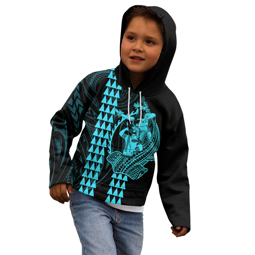 Polynesian Kid Hoodie Hawaiian Warrior and Aloha Girl With Hammerhead Shark Tattoos Light Blue LT6 - Wonder Print Shop