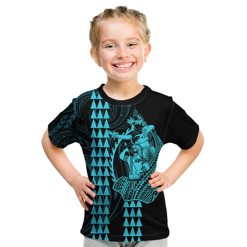 Polynesian Kid T Shirt Hawaiian Warrior and Aloha Girl With Hammerhead Shark Tattoos Light Blue LT6 - Wonder Print Shop