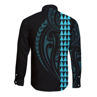 Polynesian Long Sleeve Button Shirt Hawaiian Warrior and Aloha Girl With Hammerhead Shark Tattoos Light Blue LT6 - Wonder Print Shop