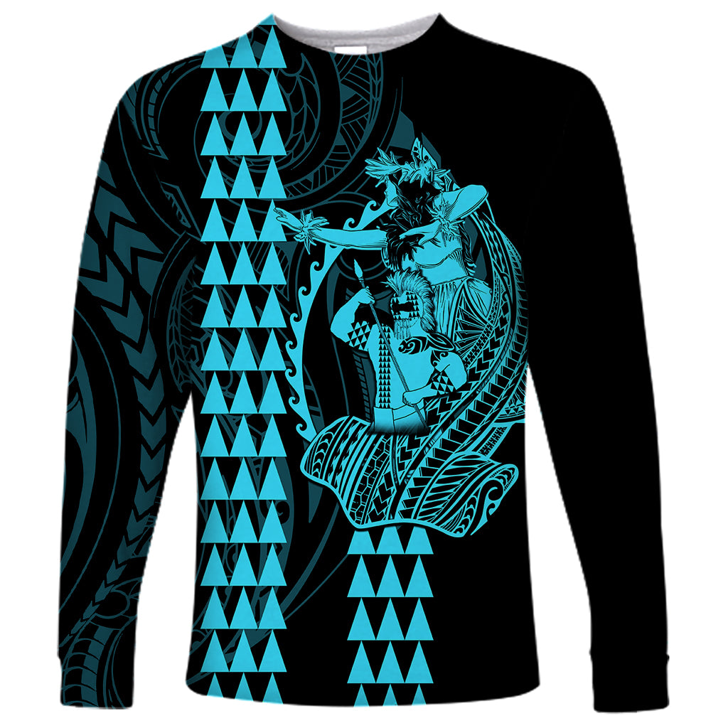 Polynesian Long Sleeve Shirt Hawaiian Warrior and Aloha Girl With Hammerhead Shark Tattoos Light Blue LT6 - Wonder Print Shop