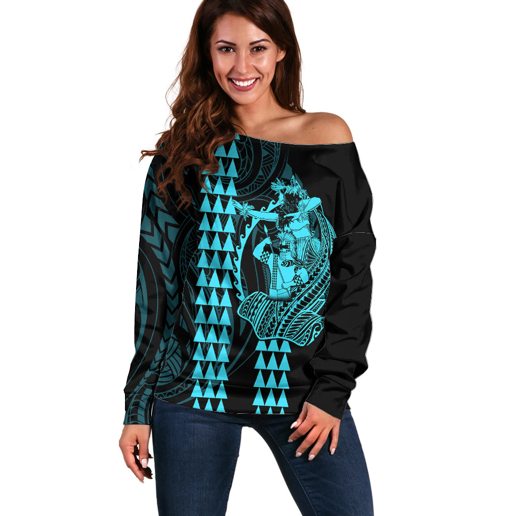 Polynesian Off Shoulder Sweater Hawaiian Warrior and Aloha Girl With Hammerhead Shark Tattoos Light Blue LT6 - Wonder Print Shop