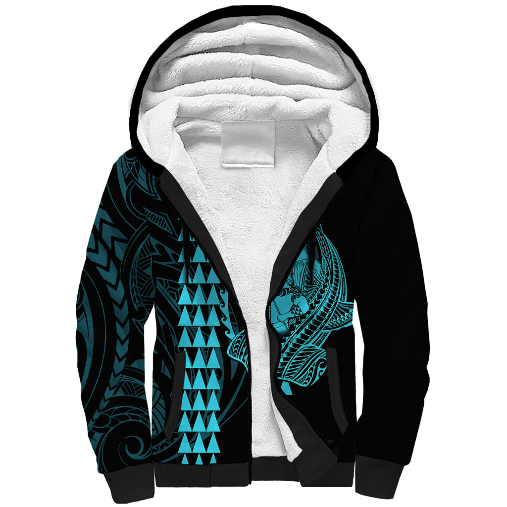 Polynesian Sherpa Hoodie Hawaiian Warrior and Aloha Girl With Hammerhead Shark Tattoos Light Blue LT6 - Wonder Print Shop