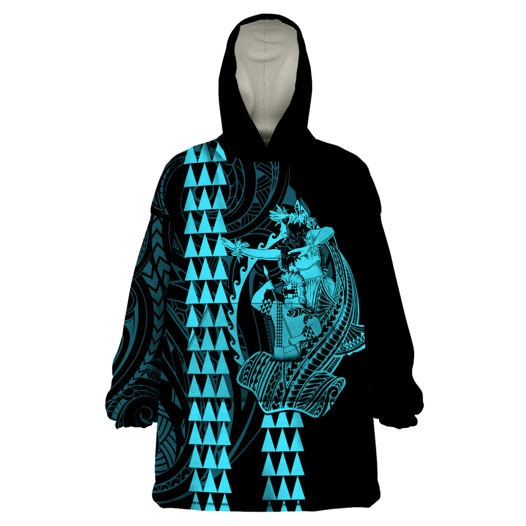 Polynesian Wearable Blanket Hoodie Hawaiian Warrior and Aloha Girl With Hammerhead Shark Tattoos Light Blue LT6 - Wonder Print Shop