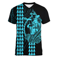 Polynesian Women V Neck T Shirt Hawaiian Warrior and Aloha Girl With Hammerhead Shark Tattoos Light Blue LT6 - Wonder Print Shop