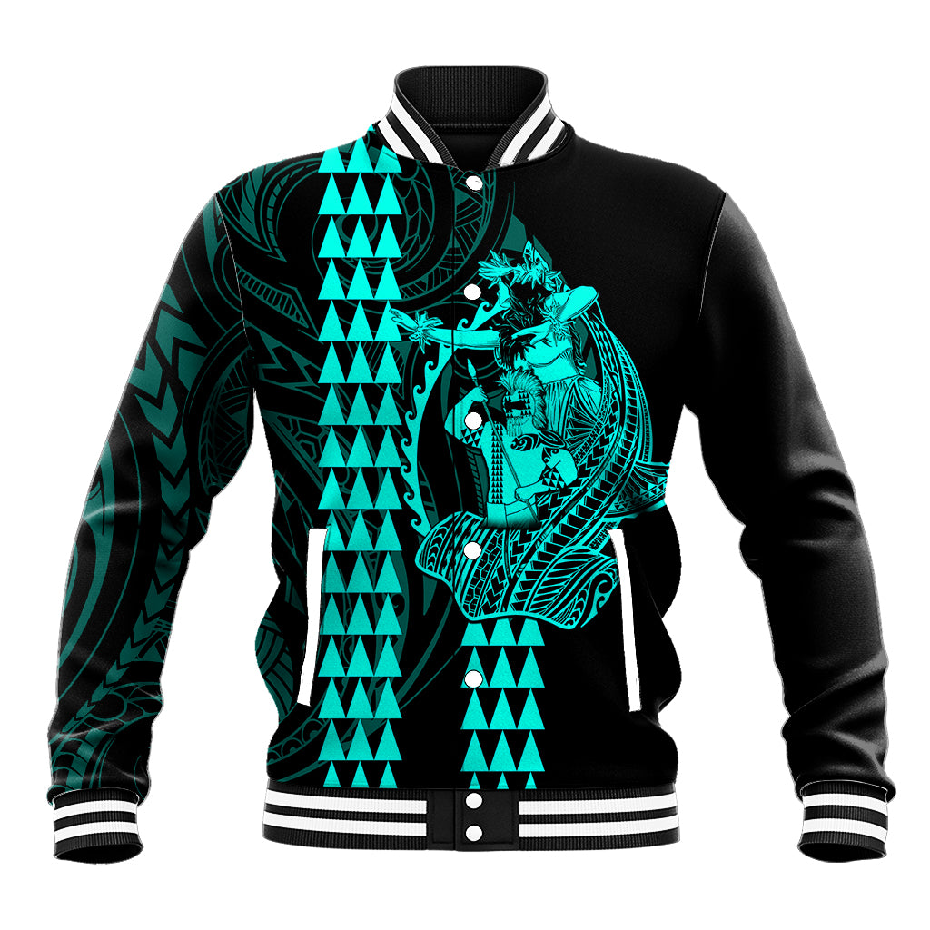 Polynesian Baseball Jacket Hawaiian Warrior and Aloha Girl With Hammerhead Shark Tattoos Turquoise LT6 - Wonder Print Shop