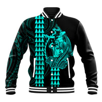 Polynesian Baseball Jacket Hawaiian Warrior and Aloha Girl With Hammerhead Shark Tattoos Turquoise LT6 - Wonder Print Shop