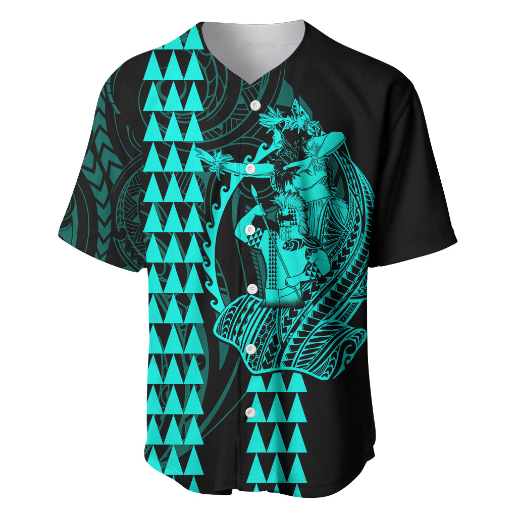 Polynesian Baseball Jersey Hawaiian Warrior and Aloha Girl With Hammerhead Shark Tattoos Turquoise LT6 - Wonder Print Shop