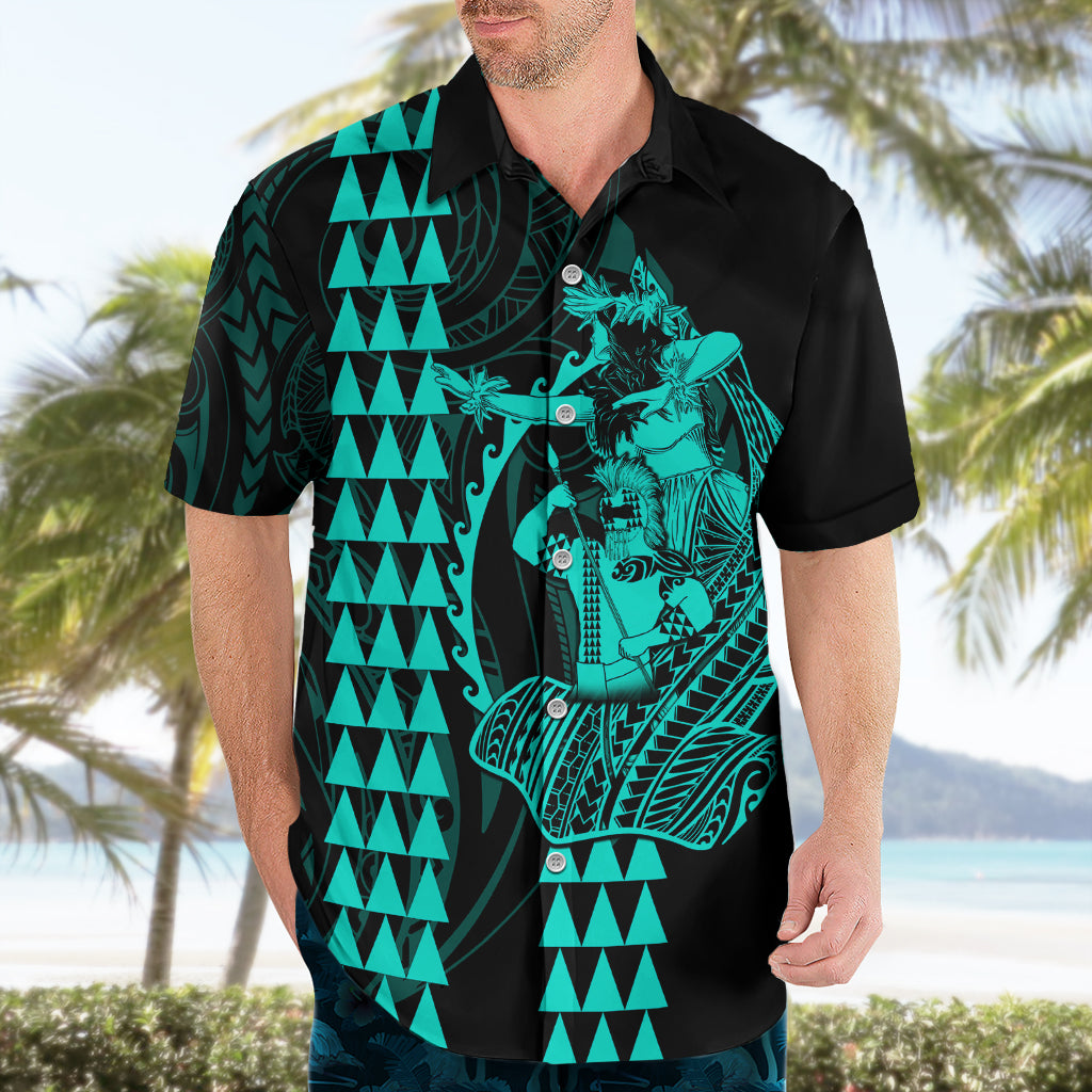 Polynesian Hawaiian Shirt Hawaiian Warrior and Aloha Girl With Hammerhead Shark Tattoos Turquoise LT6 - Wonder Print Shop