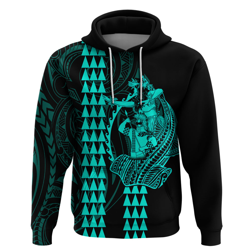 Polynesian Hoodie Hawaiian Warrior and Aloha Girl With Hammerhead Shark Tattoos Turquoise LT6 - Wonder Print Shop