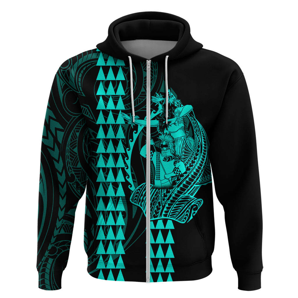 Polynesian Hoodie Hawaiian Warrior and Aloha Girl With Hammerhead Shark Tattoos Turquoise LT6 - Wonder Print Shop