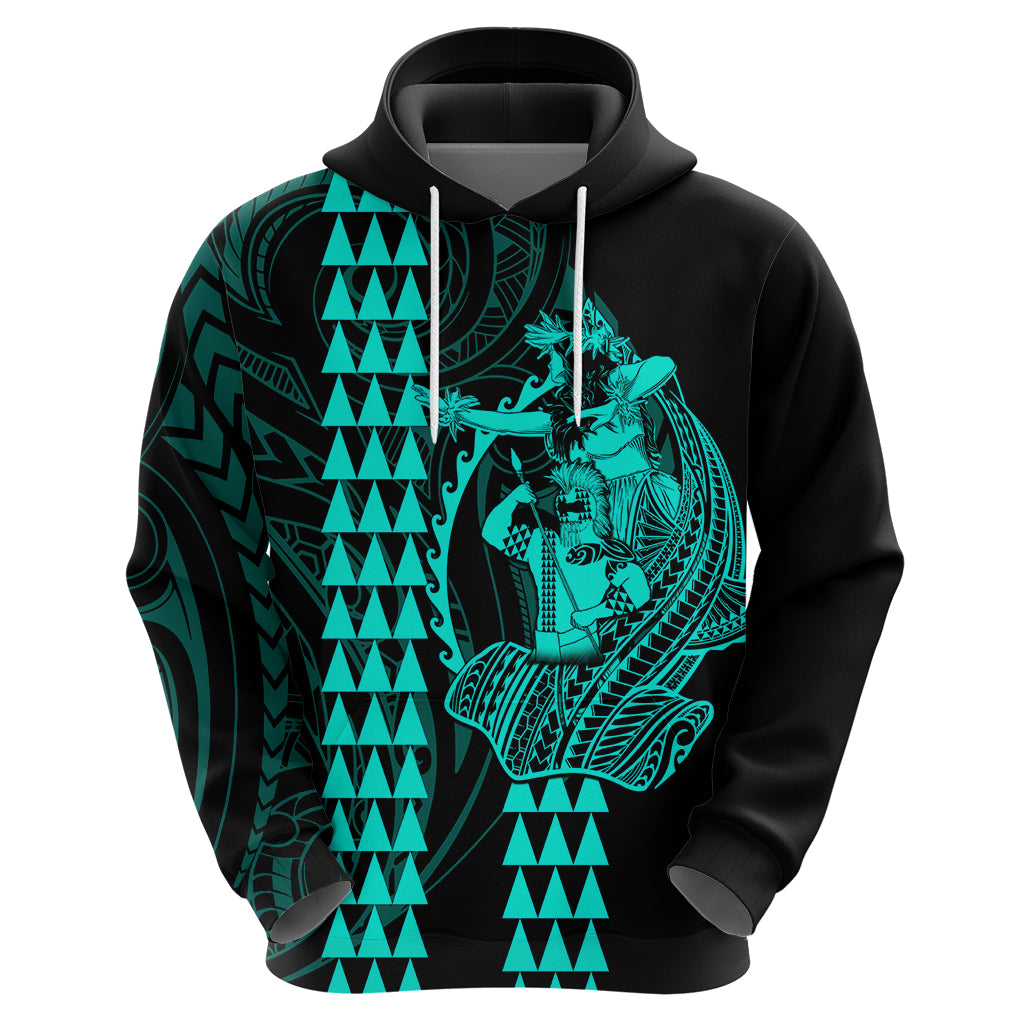 Polynesian Hoodie Hawaiian Warrior and Aloha Girl With Hammerhead Shark Tattoos Turquoise LT6 - Wonder Print Shop