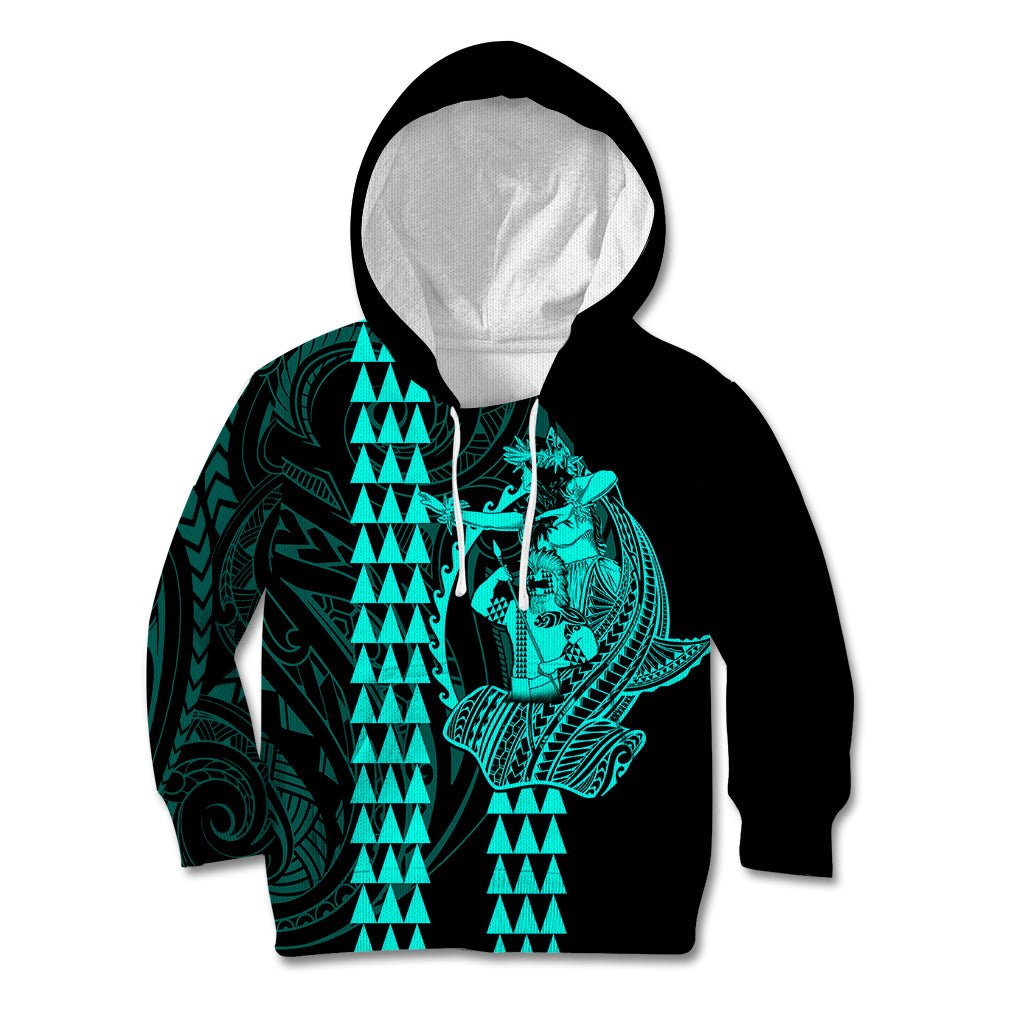 Polynesian Kid Hoodie Hawaiian Warrior and Aloha Girl With Hammerhead Shark Tattoos Turquoise LT6 - Wonder Print Shop