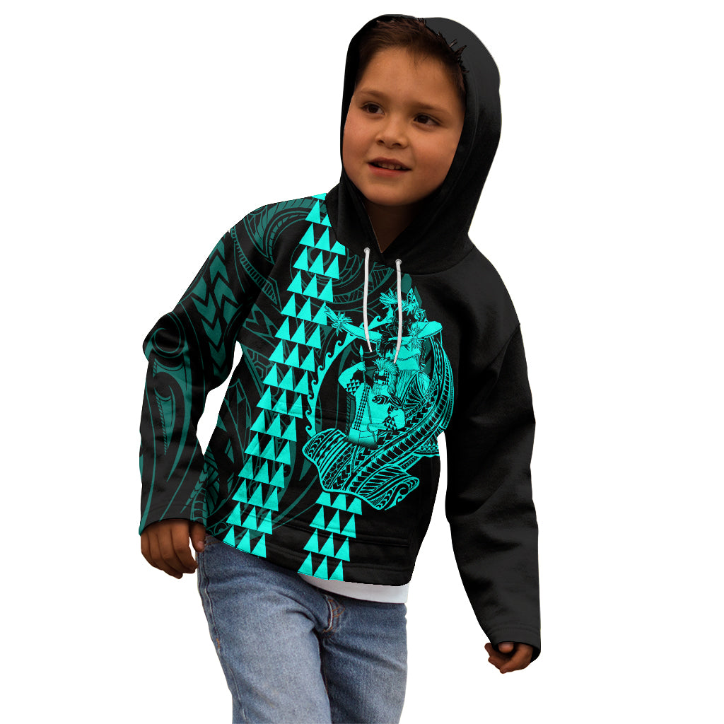 Polynesian Kid Hoodie Hawaiian Warrior and Aloha Girl With Hammerhead Shark Tattoos Turquoise LT6 - Wonder Print Shop
